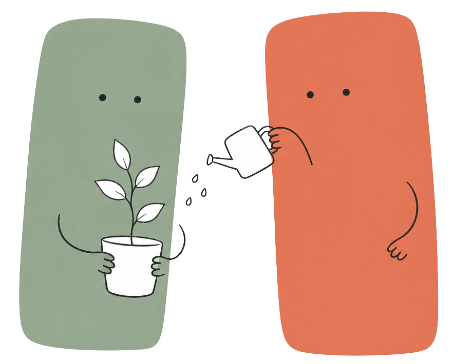 Le personnage vert sauge de la formation tient une petite plante en pot pendant que le personnage terracotta de SlideMind l’arrose délicatement.