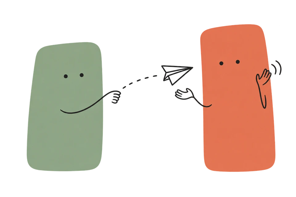 Le personnage vert sauge de la formation envoie un avion en papier à SlideMind, qui l’accueille d’une main ouverte et d’un signe amical