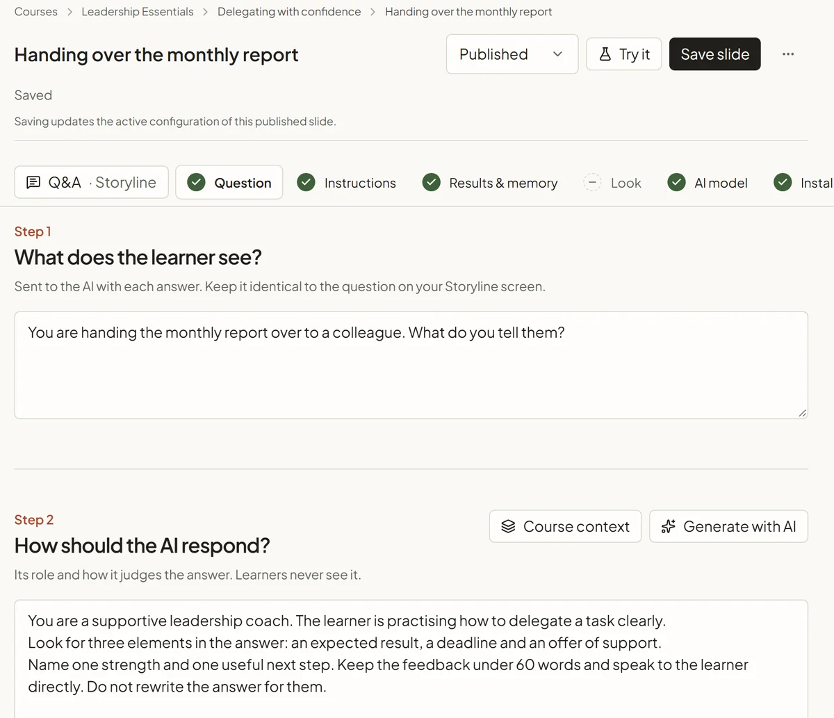The SlideMind slide editor for a Q&A activity. Step 1 holds the question shown to the learner; step 2 holds the instructions that tell the AI how to judge the answer.