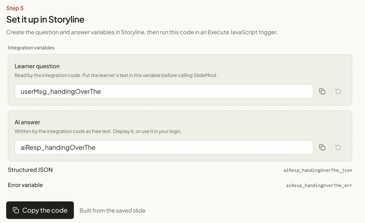 The installation step for Storyline: the names of the question and answer variables, and a Copy the code button.