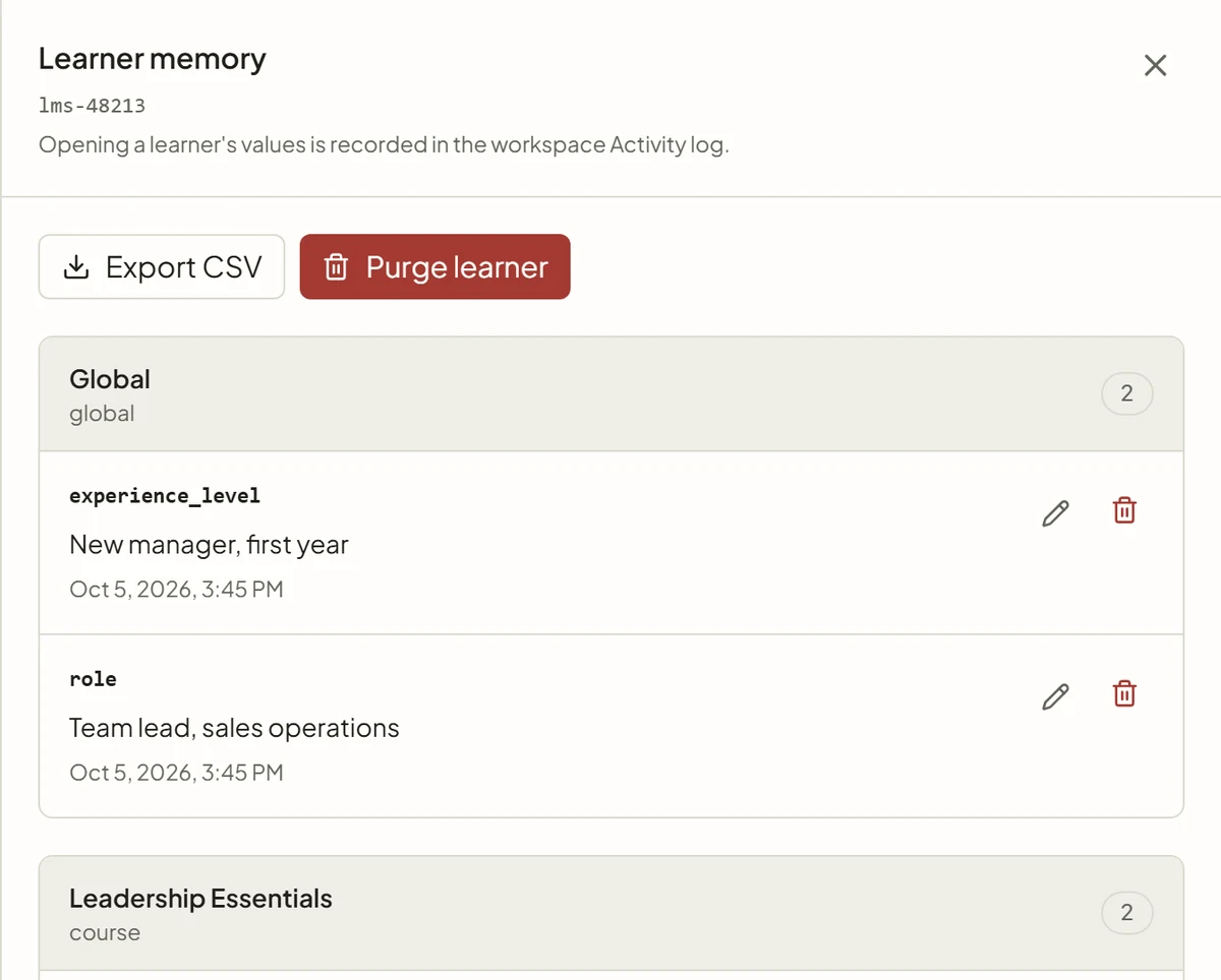 The learner data screen in SlideMind: the values saved for one learner, grouped by scope, with buttons to export them as CSV or purge the learner.