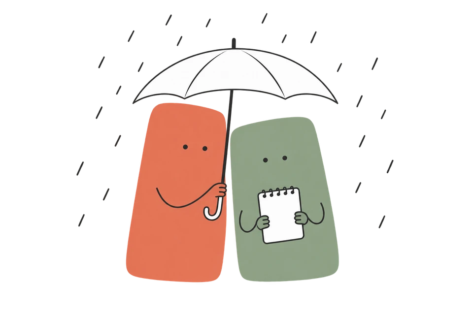 SlideMind shelters the course character and its notebook under an umbrella while rain falls around them